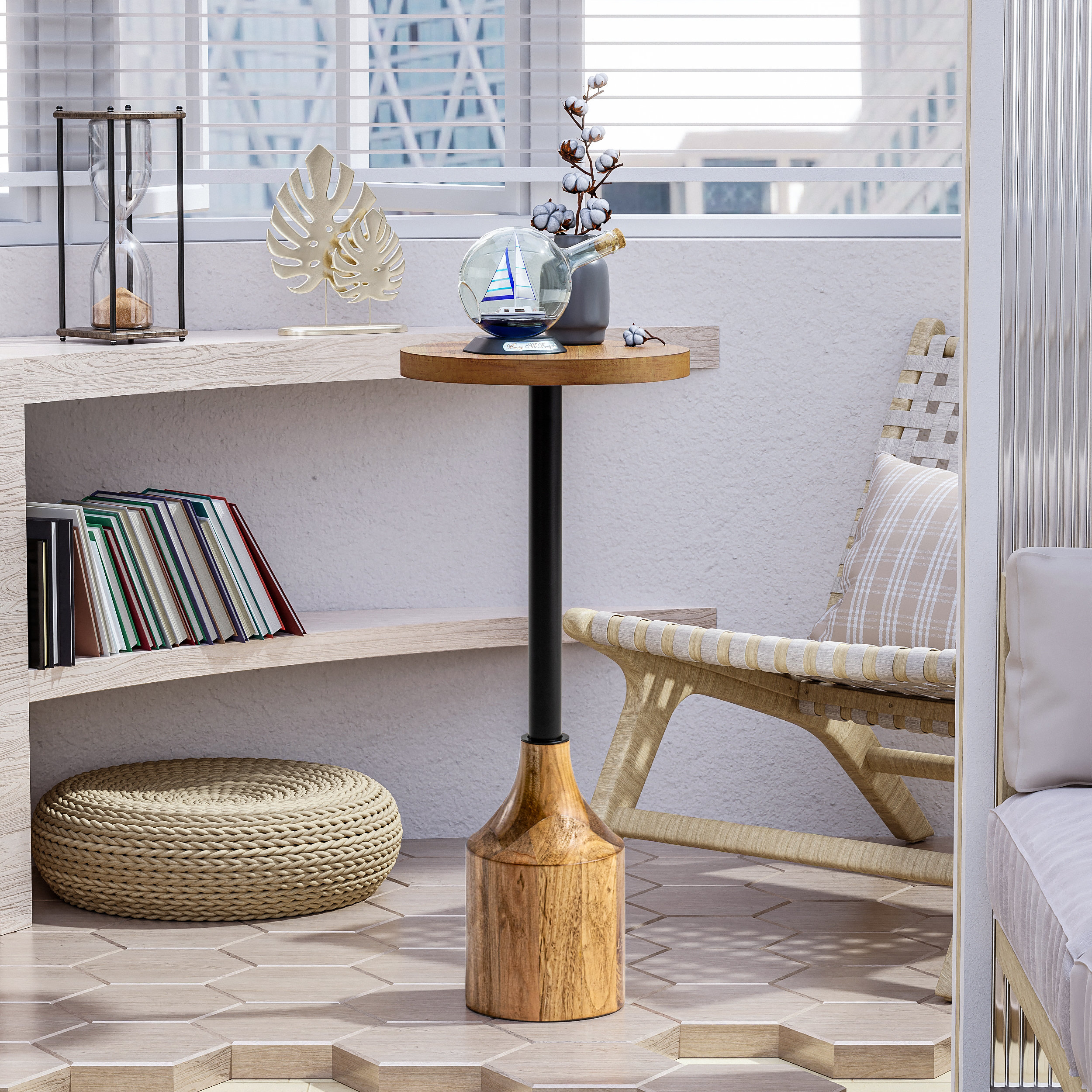 Millwood Pines Farmhouse Pedestal End Table Rustic Wood Drink Table Round Martini Table Natural Black Reviews Wayfair